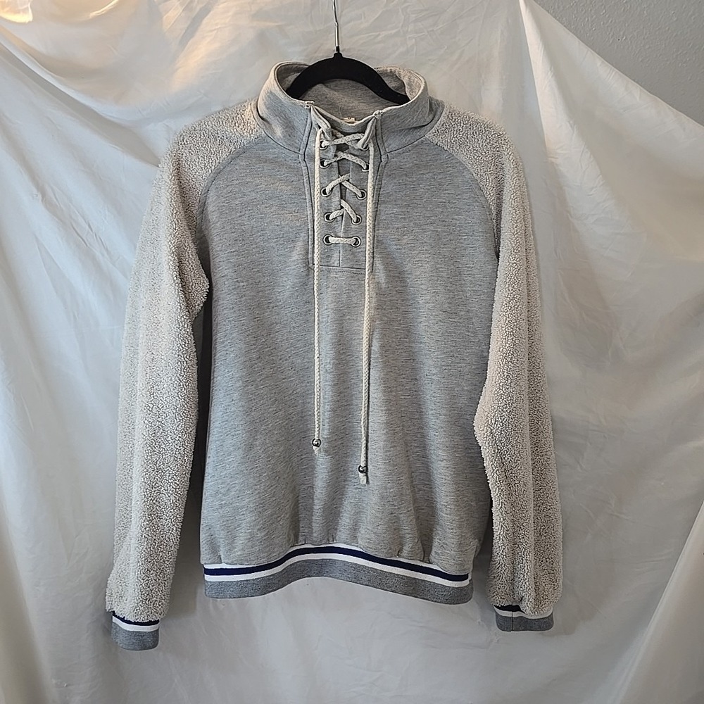 POL Women's Lace-up Sweatshirt Sherpa Sleeve Pullover Gray Cozy Boho Y2K‎ Size S